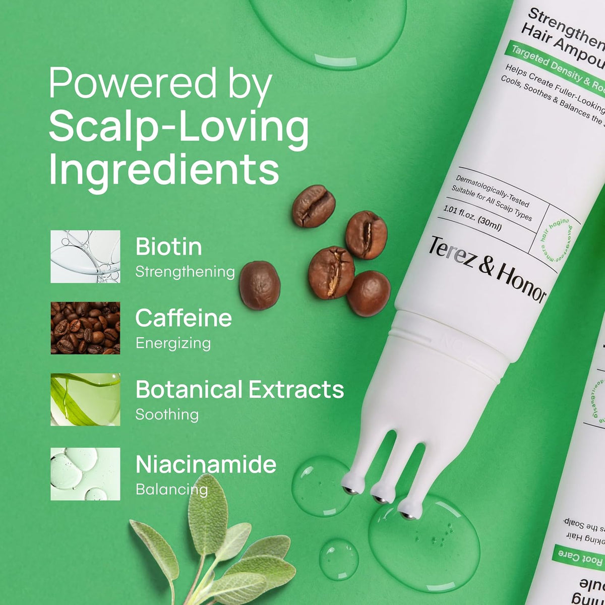 TEREZ & HONOR Scalp Strengthening Hair Serum – Korean Cooling Roll-On with Caffeine, Niacinamide & Panthenol